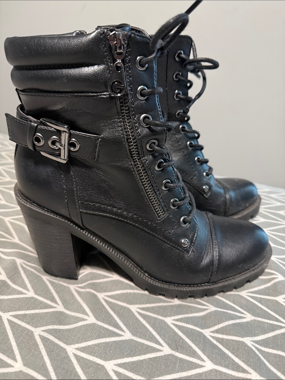 Women's Black Lace-Up Heeled Combat Boots with Buckle Detail